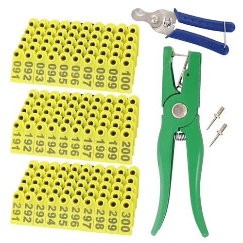 Sheep Goat Ear Tags Numbered 001-300 Plastic with Applicator Plier Tool | Livestock Ear Tags with 2 Ear Tag Pins for Sheep Goats Hogs Pigs Farm Animal Tracking Identification (Yellow, 001-300) - color: Yellow, size: 001-300