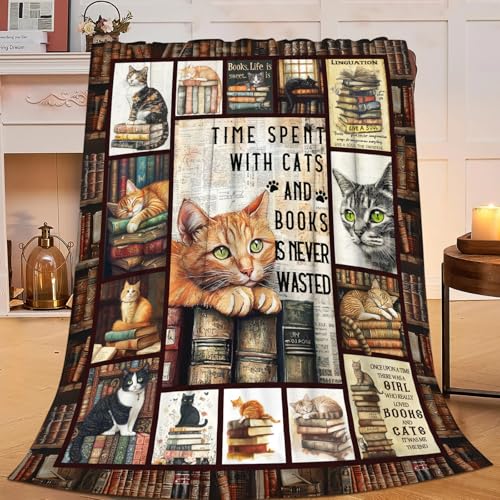 Dynova Cat Blanket Cozy Plush Book Throw Blankets Cozy Plush Cats Books Lovers Gifts Fuzzy Flannel Fleece for Women Men Girls Boys 60"X50" - color: Cat Book, size: 60"x50"