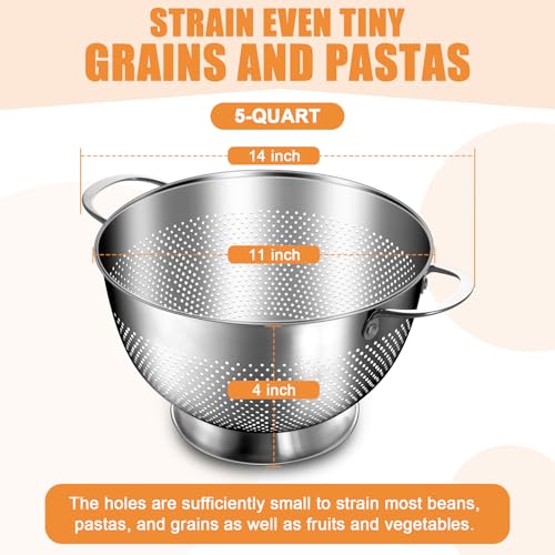 Stainless Steel Colander for Kitchen | 5 Quart Durable Rice and Pasta Strainer with Handle | Oversized Handles | Nesting Design | Rust-Resistant & Dishwasher Safe - size: 5 QT