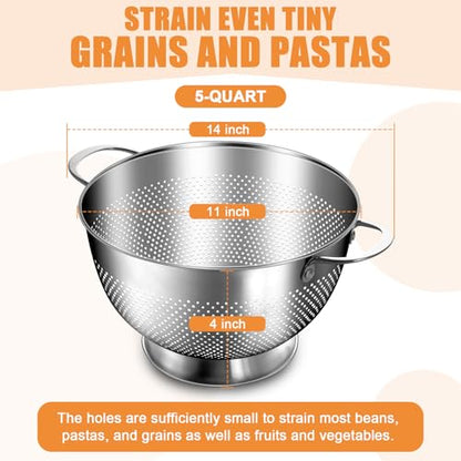 Stainless Steel Colander for Kitchen | 5 Quart Durable Rice and Pasta Strainer with Handle | Oversized Handles | Nesting Design | Rust-Resistant & Dishwasher Safe - size: 5 QT
