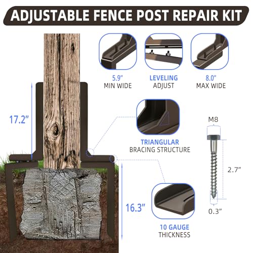 Adjustable Fence Post Repair Kit Quick Easy Fix Broken Leaning Wooden Post | Heavy Duty Steel, Uneven Ground & Underground Obstacles Adjust, Wood Fence Post Anchor Stakes Support - size: Pack of 1