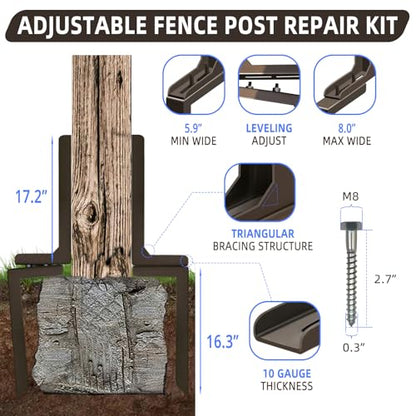 Adjustable Fence Post Repair Kit Quick Easy Fix Broken Leaning Wooden Post | Heavy Duty Steel, Uneven Ground & Underground Obstacles Adjust, Wood Fence Post Anchor Stakes Support - size: Pack of 1