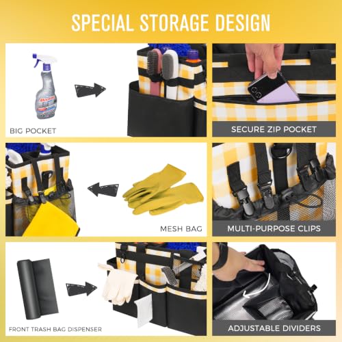SCAVATA Wearable Cleaning Caddy, Cleaning Caddy Supplies Organizer with Handle & Shoulder Straps for Housekeepers, Under Sink & Car Cleaning Tool Organizers Bag with 4 Foldable Divider (YellowPlaid) - color: YellowPlaid