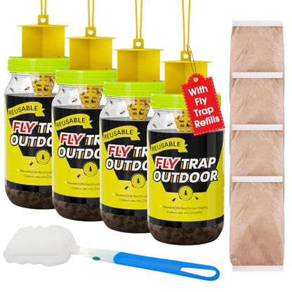 4 Fly Traps Outdoor for Patio with 4 Bait, Reusable Bug Catcher Bottle Jar | Flies Bug Insect Trap Control Outdoor Hanging for Outside Barns, Stable, Farm, Patio, with Natural Bait Refills Lure - size: 4 pack1
