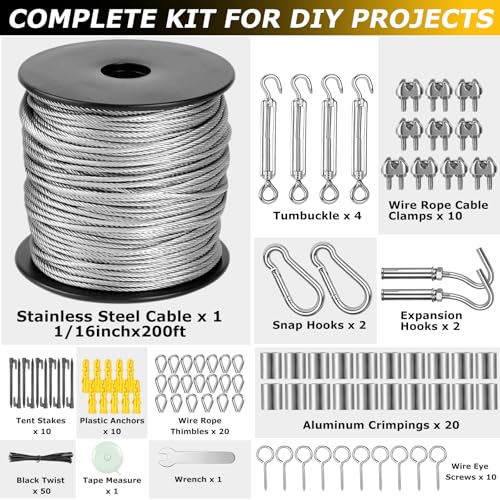 Lothee 143 Pcs 1/16" Wire Rope Kit 200ft Steel Wire Cable with Crimping Tool and Cable Cutter for Outdoor Garden Kitchen Craft Fence DIY Project Clothes Line