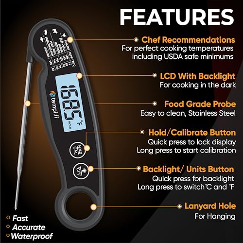 Meat Thermometer | Ultra-Fast & Waterproof | Bright Backlight & Food Grade Probe | Auto Shut-Off | Includes Meat Temperature Chart | Perfect for Kitchen & Grilling