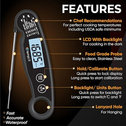 Meat Thermometer | Ultra-Fast & Waterproof | Bright Backlight & Food Grade Probe | Auto Shut-Off | Includes Meat Temperature Chart | Perfect for Kitchen & Grilling