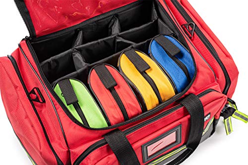 Scherber Fully-Stocked First Responder Professional Advanced EMT/EMS Trauma Kit | HSA/FSA Approved | Reflective Bag w/10+ Compartments, Zippered Pockets & 250+ First Aid Supplies (Red) - color: Red