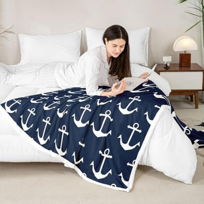Feelyou Nautical Fuzzy Blanket Anchor Sherpa Throw Blanket Sea Adventure Fleece Throw Blanket Soft Warm Cozy Ocean Theme Plush Blanket Navy Blue 30"x40" - color: Blue White, size: 30" x 40"