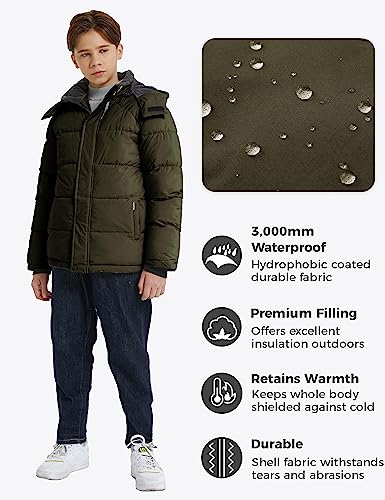 wantdo Boys Puffy Winter Coats Fleece-Lined Snow Jackets Removable Hood | Elastic Cuffs, Hook-and-Loop Collar, Windproof, Machine Washable - color: Army Green, size: 6-7