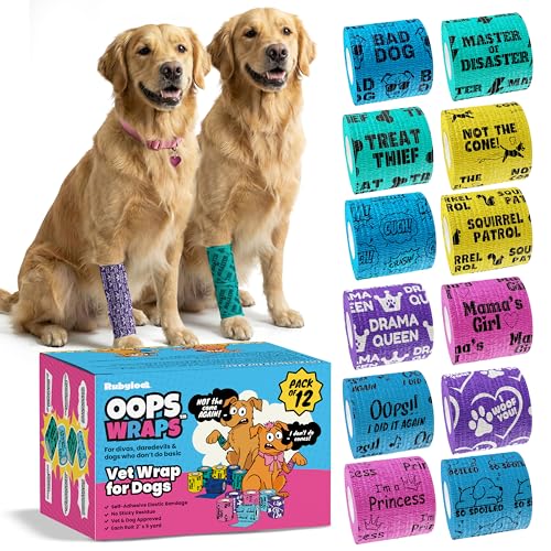 Funny Vet Wrap for Dogs, 2in Self-Adhesive Bandage Tape, 12 Pack Mix | Dog first aid kit supplies; Hot Spot & Wound Wrap; Breathable; Easy Tear; Individually Wrapped; Sticks to Itself, Not Fur - color: All Attitude (12 Count)