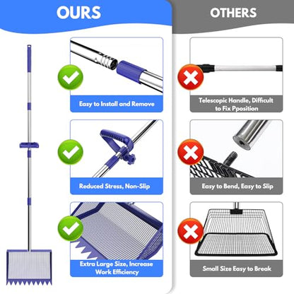 Chicken Poop Scooper Rake 2-in-1,304 Stainless Steel Shovel Head, Chicken Litter Scoop with Handle for Chicken Coop for Sand, Pet Waste Cleaning, Litter Sifting Shovel (35 to 65") (Blue, 10inch) - color: Blue