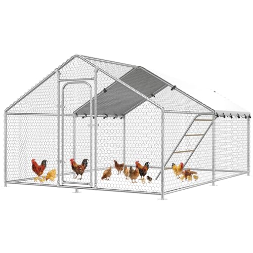 9.9x9.9 FT Large Metal Chicken Coop, Walk-in Poultry Run Pen | Waterproof Cover, Reinforced Metal Structure, Walk-in Chicken Run, Outdoor Poultry Cage for Ducks Hens Rabbits - size: 119.0"L x 119.0"W x 78.0"H