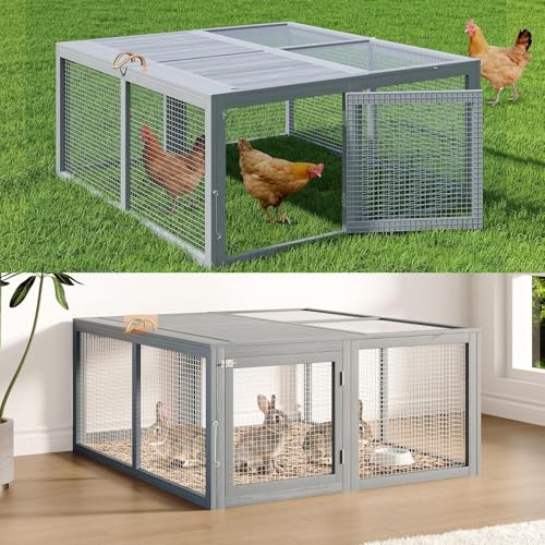 Folding Chicken Coop Run Rabbit Hutch, Portable Wooden Chicken Cage Pens, Small Animal Playpen with Top & Side Opening Doors, No Assembly for Indoor/Outdoor Small Animals & Poultry, Gray