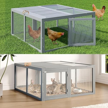 Folding Chicken Coop Run Rabbit Hutch, Portable Wooden Chicken Cage Pens, Small Animal Playpen with Top & Side Opening Doors, No Assembly for Indoor/Outdoor Small Animals & Poultry, Gray