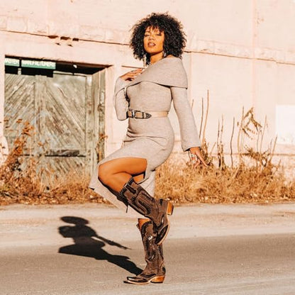 Yishaweiqi Embroidered Cowboy Boots for Women Mid Calf Cowgirl Boots Side Zipper Chunky Heel Snip Toe Knee High Western Boots - color: Dark Brown, size: 5