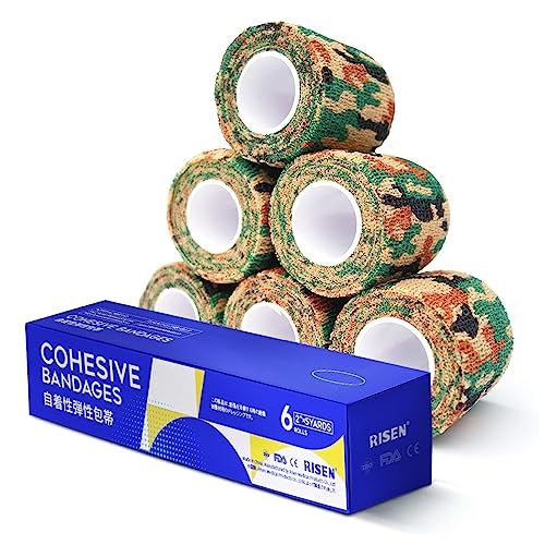 RISEN Cohesive Bandage 2” x 5 Yards, 6 Rolls, Self Adherent Wrap Medical Tape, Adhesive Flexible Breathable First Aid Gauze Ideal for Stretch Athletic - color: Desert Camo, size: 6 Count (Pack of 1)