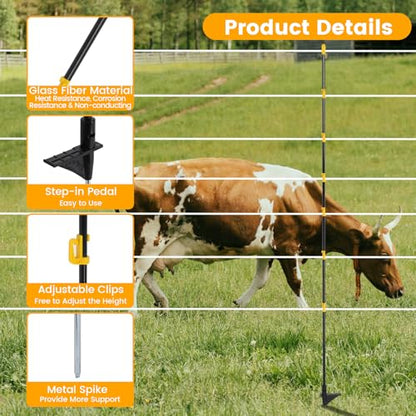 30 PCS Electric Fence Posts, 3/8" x 57" Step in Fence Post, Black | 7 Wire Clips, Metal Ground Spikes, Easy Step-in Fiberglass Fence Posts for Temporary Electric Fencing, Farm Livestock, Garden - size: 57Inch-30PCS