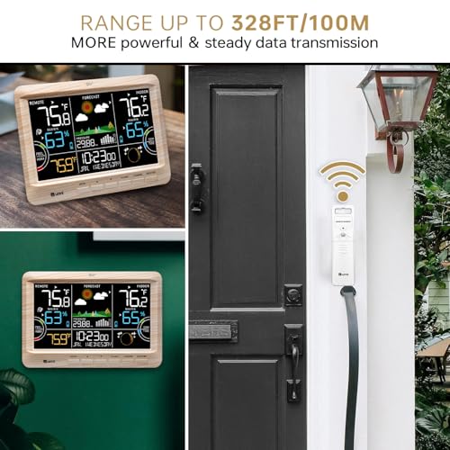 Weather Station Indoor Outdoor Thermometer Wireless Atomic Clock Wood | Home Atomic Clock Large Constant Display, Inside Outside Temperature Humidity Monitor, Dew Heat Point, Barometer - color: Multi