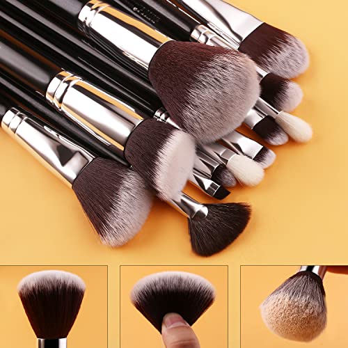 BEILI Makeup Brushes 12pcs Makeup Brushes Set with Holder Premium Synthetic Kabuki Foundation Brush Blending Blush Concealer Full Face Makeup Brushes Kit With Gift Box(Black) - color: 12pcs with Holder