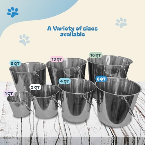 Heavy Stainless Steel Round Bucket, 9 Quart | Durable Food & Water Pail for Dogs, Cats, Kennels, Cages and Critter Crates | Multi-Purpose Bucket - size: 9 quart