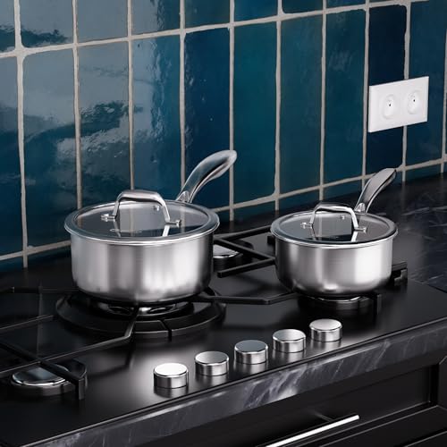 COOKER KING Sauce Pan Set, 1.5 QT & 2 QT Saucepan with Lid, Hybrid Ceramic Nonstick Saucepan, non stick Sauce pot, Stainless steel Cookware, Induction Compatible (PFAS/PFOA/PTFE Free) - size: 1.5 Quarts & 2 Quarts