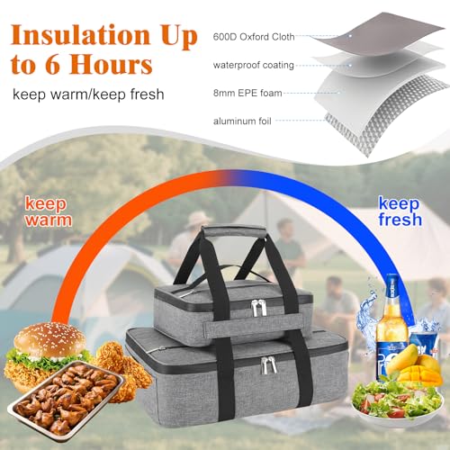 Insulated Casserole Carrier for Hot or Cold Food, Fits 8"-15" Baking Dish，Thermal Food Carrier Bag, Lasagna Lugger Tote for Potluck Parties/Picnic/Cookouts/Lunch, Grey，2 Pack