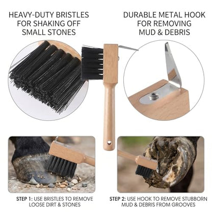 2 PCS Hoof Picks for Horses - Wooden Handle Hoof Pick with Brush, Sturdy and Durable