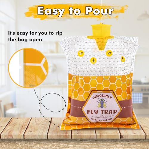 6 Fly Traps Outdoor, Big Fly Bag with Bait Disposable Hanging, Fly Hunter Repellent Control Catcher Killer, Ranch Stable Horse Farm Fly Trap for Barn, Farm, Mosquito, Bug, 6Pack-A2