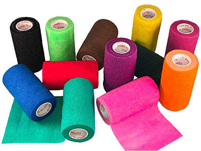 4 Inch Self Adhesive Medical Bandage Wrap Sport Tape (Variety) (6 Pack) Strong Elastic Self Adherent Cohesive First Aid Sport Flex Rolls for Wrist Ankle Knee Sprains and Swelling