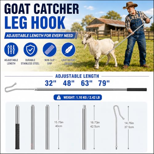 Goat Sheep Catcher Hook, Adjustable (31–78″) Shepherd’s Crook Pole