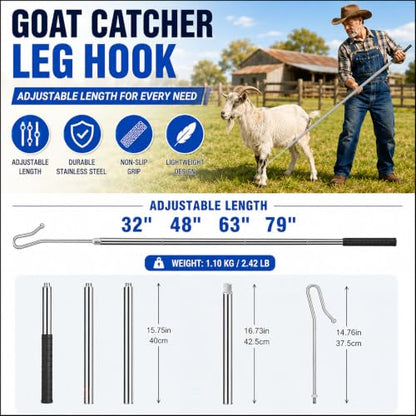 Goat Sheep Catcher Hook, Adjustable (31–78″) Shepherd’s Crook Pole