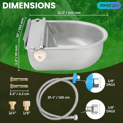 Automatic Animal Drinking Water Bowl | 304 Stainless Steel with Float Valves, 39" Pipe Hose (1/2" Ends), 1/2" to 3/4" adapter, Livestock Water Dispenser for Dog Pig