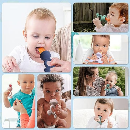 Baby Fruit Feeder, Frozen Teething Toys, Infants Teether Pacifier with 3 Extra Teats, Toddler Eating Essentials, BPA Free Feeding Supplies (Steel Blue) - color: Blue