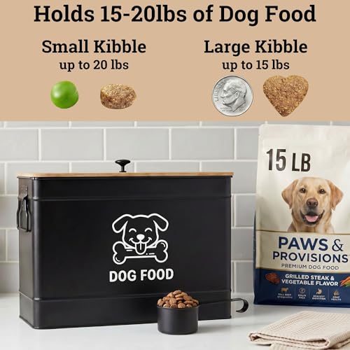 Metal Dog Food Container 15-20 lbs w/ Airtight Bamboo Lid, 70 Cup Capacity - color: Black