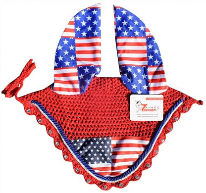 USA Flag Saddle Pad Set with Matching Ear Bonnet – Print Horse Riding Gear – Non-Slip/Breathable – Western/English Show - size: Cob