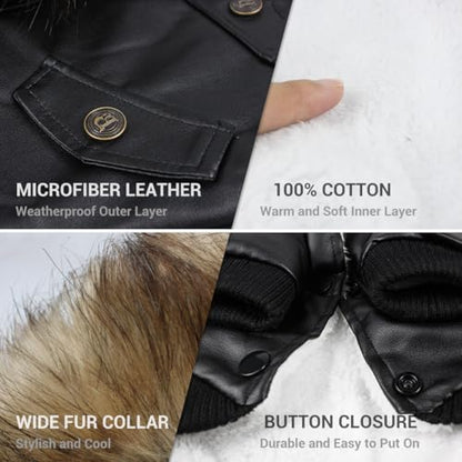 LESYPET Dog Leather Jacket for Small Dogs, Waterproof Dog Winter Jacket Puppy Coat with Fleece Lined, Ultra Warm Fur Collar Doggie Coat, Black S - color: Black, size: Small