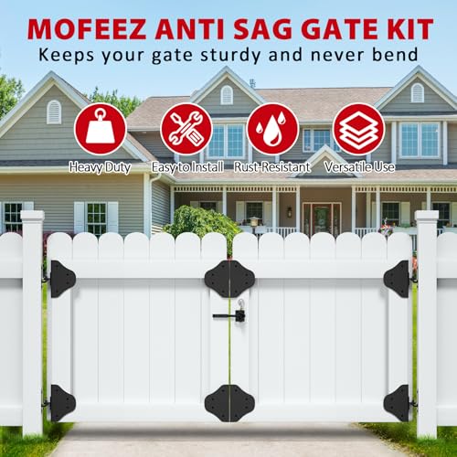 Mofeez Anti Sag Gate Kit Fence Gate Hardware - Heavy Duty 90 Degree Right Angle Hinges with Self-Locking Gate Latch & Corner Brace - for Wood Gates, Garden Fence (2 Set) - size: 2 Set