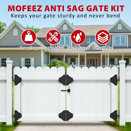 Mofeez Anti Sag Gate Kit Fence Gate Hardware - Heavy Duty 90 Degree Right Angle Hinges with Self-Locking Gate Latch & Corner Brace - for Wood Gates, Garden Fence (2 Set) - size: 2 Set