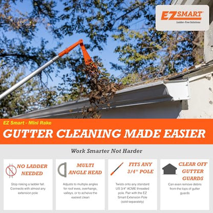 EZ Smart Mini Gutter Rake - 16 ft Pole - Clean Gutters Without a Ladder | Clears Stuck Leaves • Reaches Tough Spots • No Ladder Needed - size: Tool + 16 Foot Pole