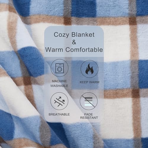 PU MEI Super Soft Faux Rabbit Fur Sherpa Fleece Throw Blanket, Reversible Luxury Cozy Cute Furry Blanket, Plush Warm Shaggy Fluffy Checkered Blankets for Sofa Couch Bed (Blue-Plaid, 60" x 80") - color: Blue-plaid, size: 60"*80"