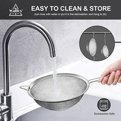 Walfos Large Fine Mesh Strainer 9.35" & 7.8", Stainless Steel Mesh Sieve with Sturdy Handle, Kitchen Metal Food Strainers for Quinoa, Rice, Pasta, Fruits, Vegetables, etc., Set of 2 - size: 9.35", 7.8" (2pcs)