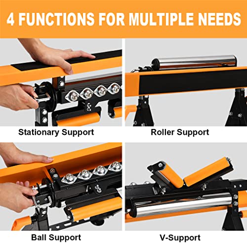 WORKESS 4 in 1 Roller Stand, Stable 440 Lbs Load Capacity with Saw Horses, V-Shaped, Multi-Directional Rollers & Outfeed Roller, Adjustable Height 33”- 50”, Folding for Woodworking