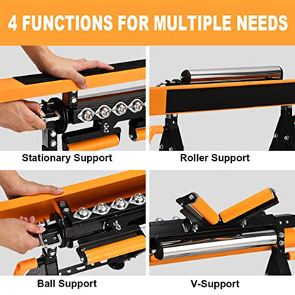 WORKESS 4 in 1 Roller Stand, Stable 440 Lbs Load Capacity with Saw Horses, V-Shaped, Multi-Directional Rollers & Outfeed Roller, Adjustable Height 33”- 50”, Folding for Woodworking