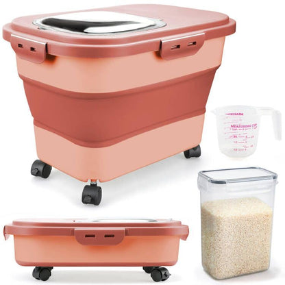 Komzon Rice Storage Containers, Collapsible 20 to 30Lbs Food Storage Bin Dispenser with Rolling Wheel and Clear Airtight Lid, BPA Free Flour, Sugar, Cereal and Dog Cat Pet food Containers - color: Pink