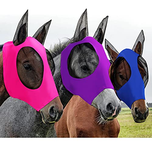 Weewooday 3 Pcs Horse Fly Mask with Ears UV Protection Full Face Fly Masks for Horses Elastic Smooth Breathable Comfortable Fit for All-Day(L,Purple, Blue, Pink) - color: Purple, Blue, Pink, size: L