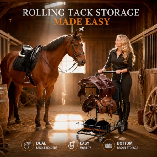 Rolling Saddle Rack Cart with Basket, 220 Lbs, 32.3*16.9*49.8 inch