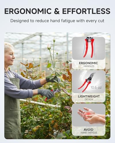 Fondwell 8.5" Professional Hand Pruners Bypass Pruning Shears for Gardening | Heavy Duty Garden Clippers, Cuts 1-Inch Branches, Comfortable Use - Trusted by Professional Landscapers and Nursery Workers - color: Red (Bypass)