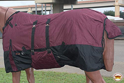 Horse Turnout Blanket Hilason 600D Waterproof Winter Blanket with Belly Wrap 250g Fill Rip-Stop Shell Fleece Wither Lining Wine Black - size: 78 In