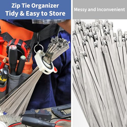 Metal Zip Ties Tool, Stainless Steel Zip Tie Gun with Built-in Cutter, Adjustable Fastening Cutting Zip Tie Tool with 100pcs 11.8in Self-Locking Stainless Steel Zip Ties, Zip Tie Organizer and Gloves